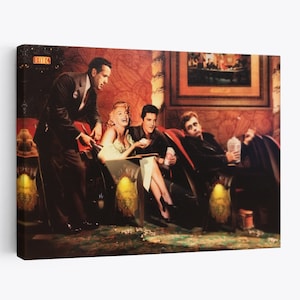 May include: A vintage-style illustration of four people sitting in a movie theater. The people are dressed in 1950s clothing. The woman is blonde and wearing a white dress. The men are wearing suits and ties. The theater is decorated with red velvet seats and gold accents. The image has a retro feel.