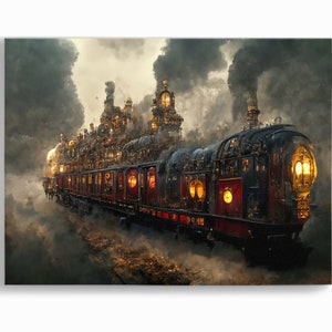 スチームパンク列車装飾アートメカニズムエンジニアリングアートワーク時計壁アート列車キャンバス列車写真スチームパンクプリントヴィンテージギフト機械アート