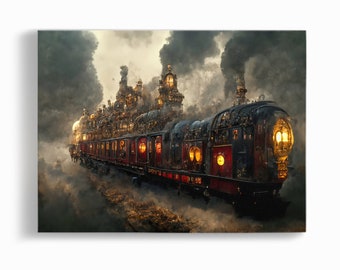 Steam punk train decor art Mechanism Engineering artwork Clock wall art Train canvas train photo Steampunk print Vintage gift machinery art