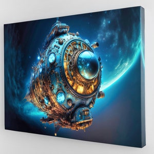 May include: A blue and gold steampunk-style spaceship with intricate details and a large, glowing blue window, floating in space against a backdrop of a blue planet and stars.