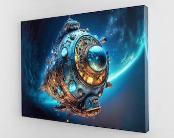 Steam punk spaceship decor art Mechanism Engineering artwork Clock wall art canvas space photo Steampunk print Vintage gift machinery