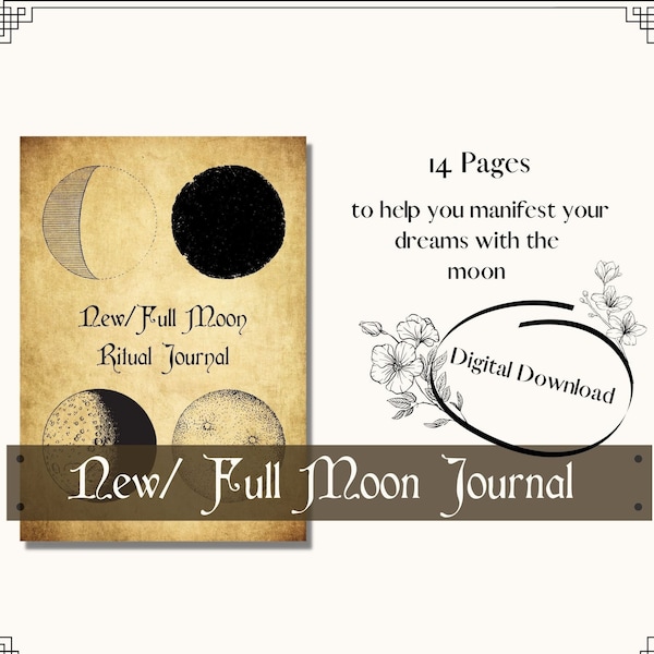 Printable Moon Ritual Journal | Lunar Cycle, Full Moon, New Moon, A4 + A5, Moon Manifesting, Moon Phases, Grimoire Page, Witch Planner Sheet