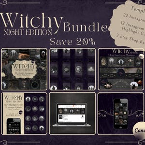 May include: A digital product bundle for social media featuring 22 Instagram posts, 12 Instagram story highlight covers, and 3 Etsy shop banners. The bundle is themed with a witchy, dark, and mystical aesthetic. The text "Witchy Night Edition Bundle Save 20%" is displayed on the image.