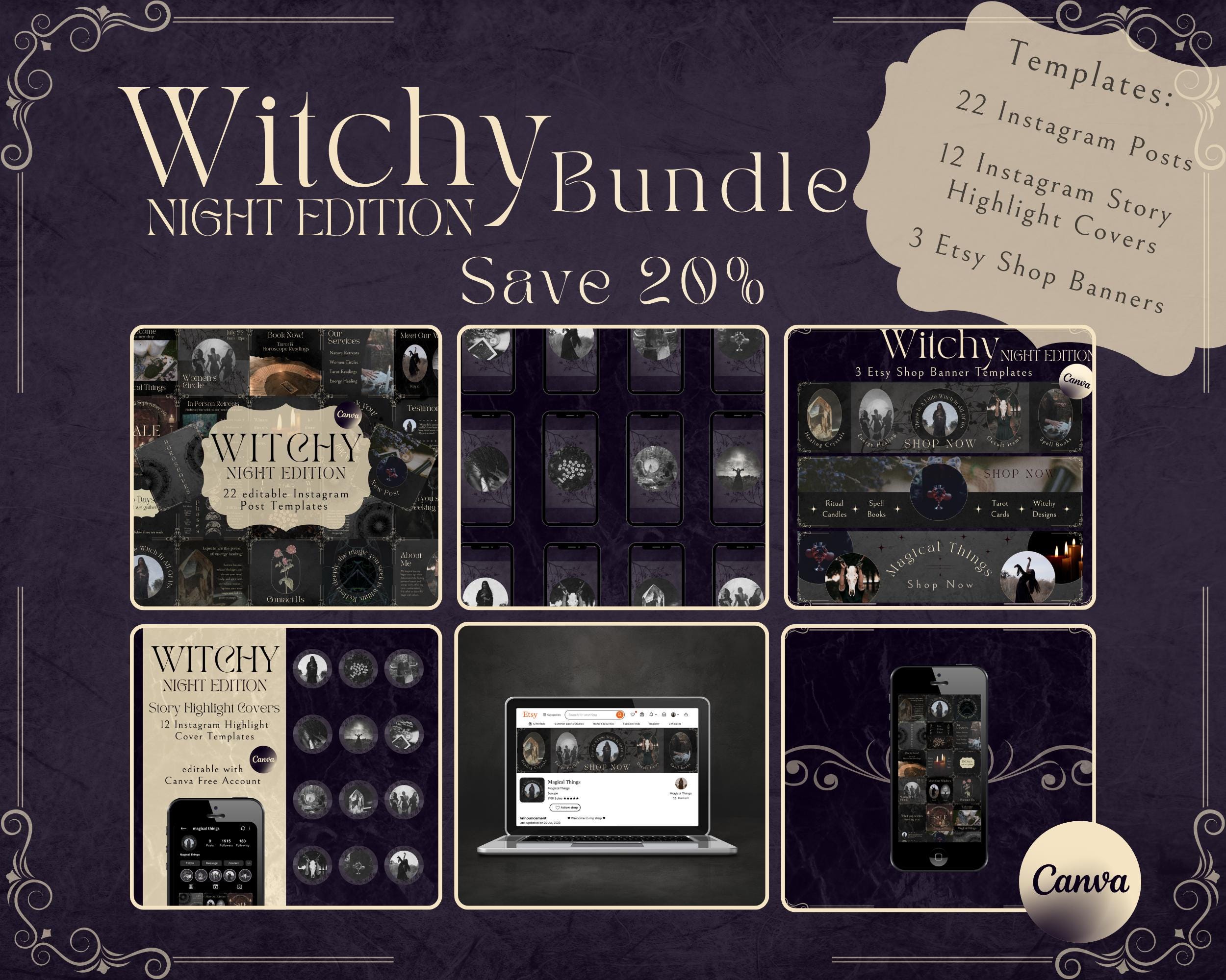 Witchy Night Bundle | Edit with Canva, Instagram Highlight Cover Templates, Insta Template, Etsy Shop Banner Layout, Witchcraft, Spiritual