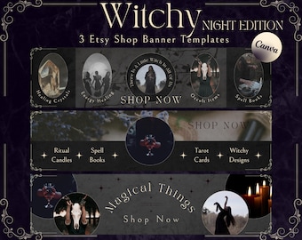 Witchy Night Etsy Shop Banner Templates | Edit with Canva, Antique Magical Designs, Spirituality, Dark Occult Shop, Green Witch, Mystical