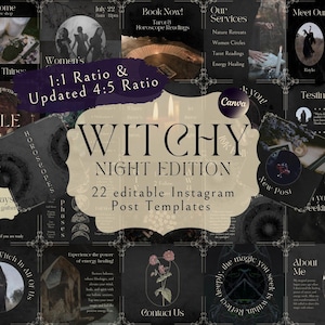 Könnte beinhalten: Eine Collage aus 22 editierbaren Instagram-Post-Vorlagen für eine nächtliche Hexen-Edition. Die Vorlagen haben einen dunklen Hintergrund mit goldenen Akzenten und verschiedene Hexenthemen, darunter Tarot-Lesungen, Naturretreats und Energieheilung. Der Text "WITCHY NIGHT EDITION" ist prominent in der Mitte der Collage platziert.
