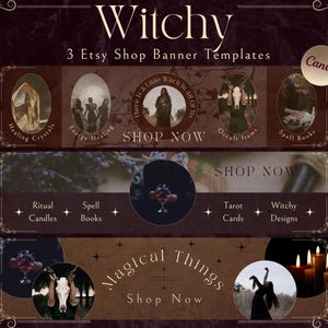 Witchy Etsy Shop Banner Templates | Edit with Canva, Antique Magical Designs, Spirituality, Dark Occult Shop, Green Witch, Mystical