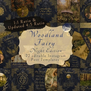 Op de afbeelding: Een set van 22 bewerkbare Instagram-posttemplates met een bosfee-thema. De templates zijn donkerblauw met gouden accenten en bevatten verschillende afbeeldingen en tekst, waaronder "Woodland Fairy", "Night Edition", "Meet Our Fairies", "Book Now" en "It is home".