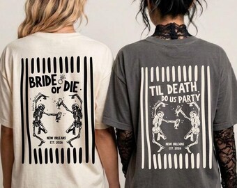 bride or die bachelorette party shirts til death do we party goth bach halloween dancing skeleton stripes spooky theme comfort colors