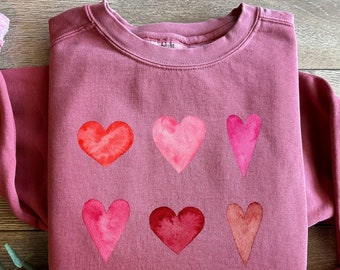 Comfort Colors Valentine's Day Crewneck sweatshirt, heart sweatshirt, galentines day, valentine crewneck sweater, watercolor hearts shirt