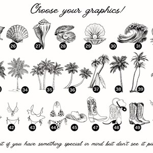 May include: A set of 50 black and white illustrations of various beach and tropical themed graphics. The graphics include a beach umbrella, seashells, palm trees, a wave, coconuts, a hammock, a bikini, cowboy boots, and a martini glass.