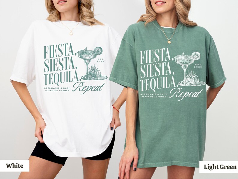Puede incluir: Dos camisetas de gran tama&ntilde;o en color blanco y verde claro. Las camisetas presentan un dise&ntilde;o gr&aacute;fico con el texto "Fiesta, Siesta, Tequila, Repeat" y una copa de margarita con una rodaja de lima.