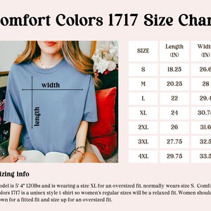 May include: Size chart for a unisex t-shirt in sizes S to 4XL. The chart shows the length and width in inches for each size. The model is wearing a size XL t-shirt.