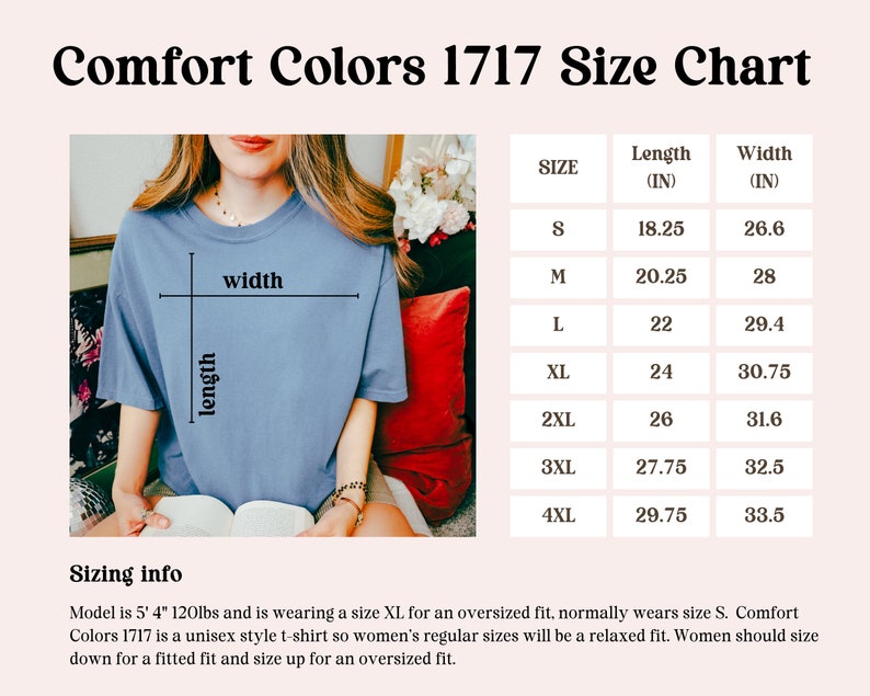 May include: Size chart for a unisex t-shirt in sizes S to 4XL. The chart shows the length and width in inches for each size. The model is wearing a size XL t-shirt.