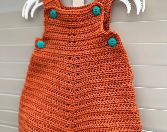 Handmade crochet baby romper, available in various sizes