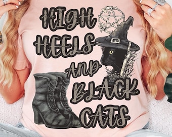 Witchy High Heels & Black Cat T-Shirt - Gothic Halloween Style