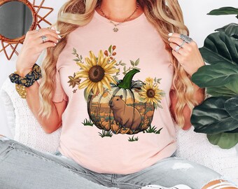 Capybara Pumpkin Sunflower T-Shirt - Fall Nature Aesthetic Tee