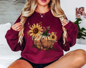 Capybara Pumpkin Sweatshirt - Autumn Sunflower Crewneck Sweater