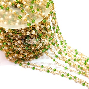 Prehnite Pearl Rondelle Beaded Rosary Chain: Gold Plated (3-3.5mm)