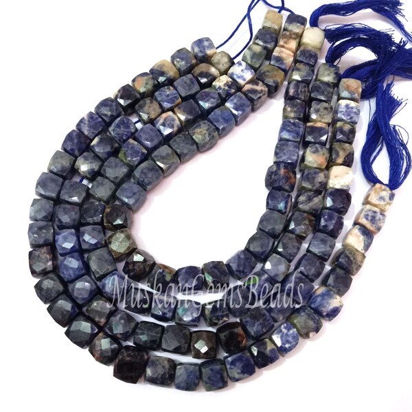 Natural Sodalite Handmade 3D Cube Box Shape Beads, 8" Strand, Blue Sodalite Fancy Faceted Gemstone Beads, For Jewelry