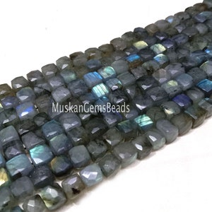 Natural Labradorite Fire 3D Box Shape Beads, 8" Strand,  Fine Quality, Multi Fire Labradorite Black Rainbow Gemstone Beads