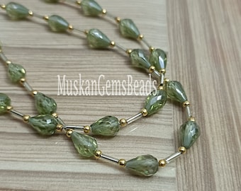 Green Heena Zircon Drop Beads: Faceted Briolette, 8&quot; Strand