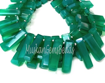 Faceted Green Onyx Beads: Long Rectangle Gemstone Slice, 8&quot; Strand