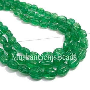 Green Strawberry Quartz Carving Gemstone Beads: Oval, 3 Strand, 16 Inch