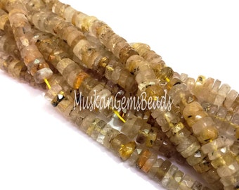 Golden Rutile Wheel Gemstone Beads, Beads For Jewelry, 8" Strand, Natural Golden Rutile Faceted Tyre Shape Beads