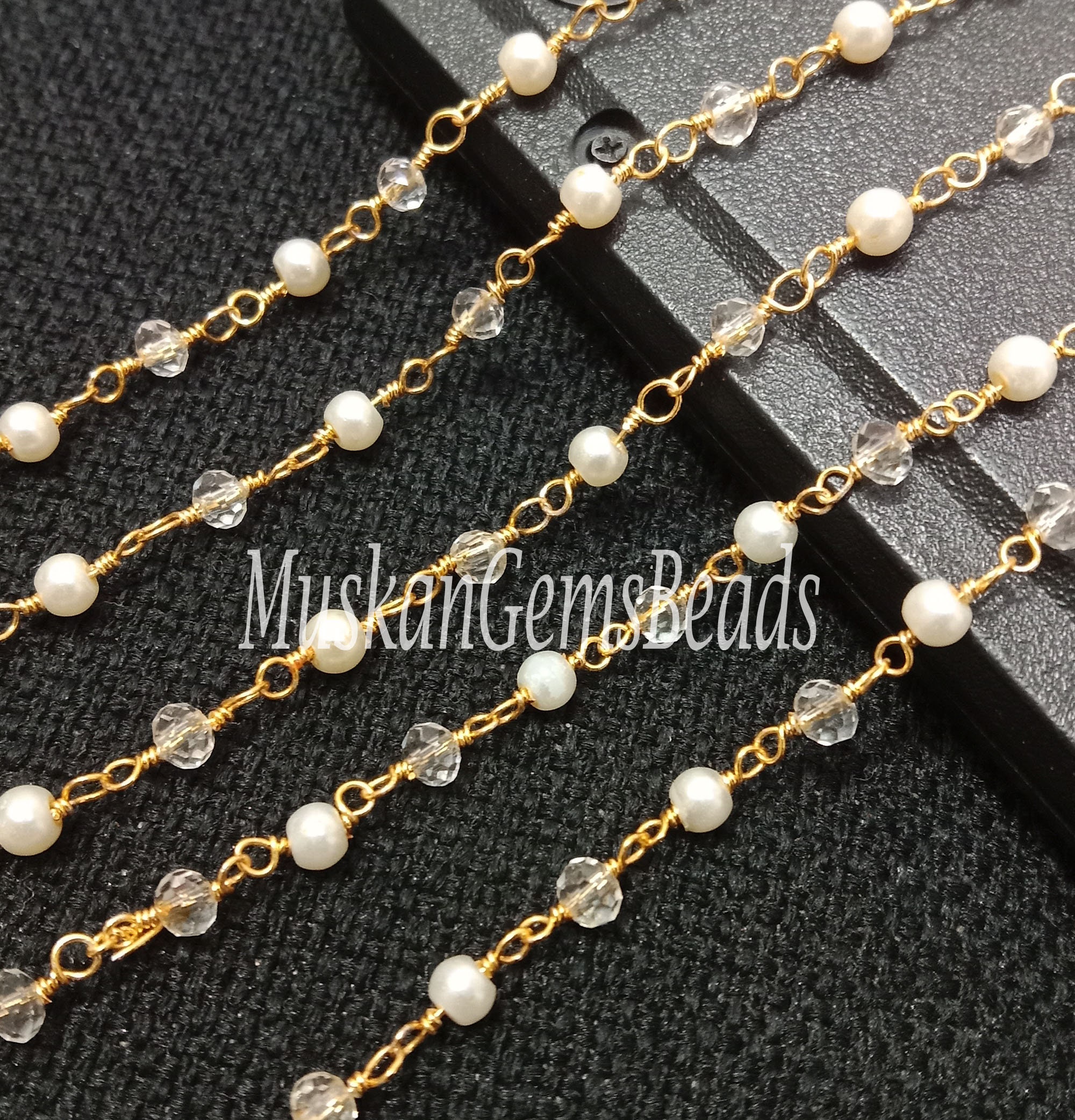14K Gold Pearl Chain, White Pearl Rosary Chain, Bulk Chain, Rondelle Glass  Beads, Beaded Chain, Necklace Chain, CH155