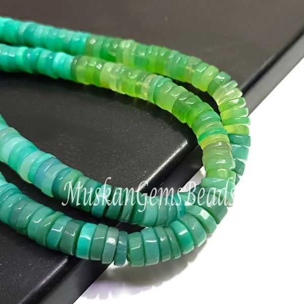 Green Chrysoprase Smooth Handmade Gemstone Beads, 8" Strand, Natural Chalcedony Shaded Heishi Tyre Shape Beads,