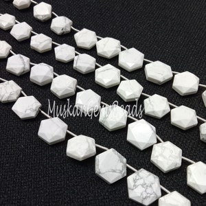 Faceted White Howlite Beads: Fancy Hexagon Gemstone, 8&quot; Strand