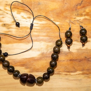 Brown Green Tagua Nut Adjustable Necklace and Earrings Set