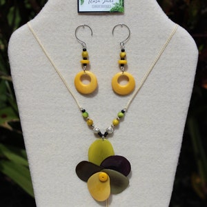 Green Brown Yellow Tagua Nut Rose with Earrings