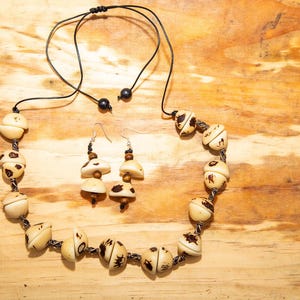 Ivory and Brown Tagua Nut Necklace and Earrings Set