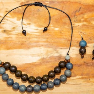 Gray and Brown Round Tagua Nut Adjustable Necklace and Earrings set