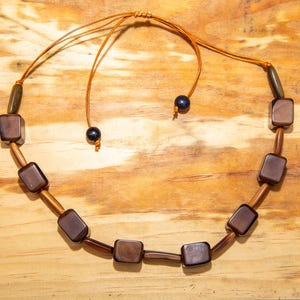 Brown Square and Cylinder Tagua Nut Adjustable Necklace