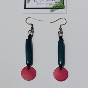 Turquoise Pink Tagua Nut Dangle Earrings