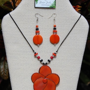 Orange Tagua Nut Rose and Earrings Set