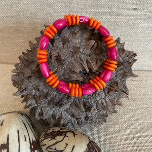 Orange Hot Pink Tagua Nut Memory Wire Bracelet
