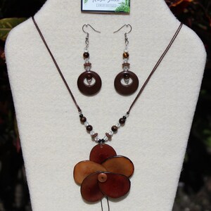 Brown Tagua Nut Rose and Earrings Set