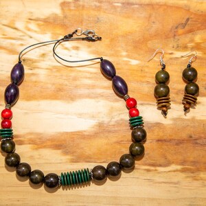 Green Brown Tagua Nut Necklace and Earrings Set