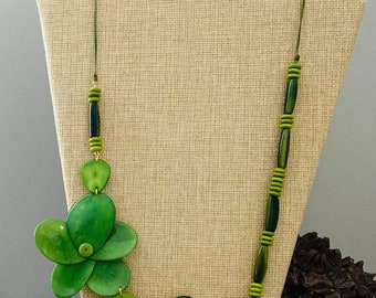 Bright Green Double Rose Tagua Nut Necklace