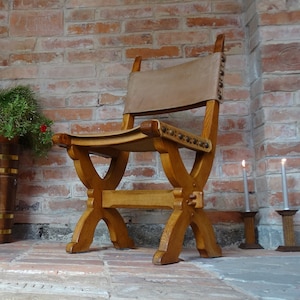 Vintage massive wood and leather chair - outdoor, cellar, garden