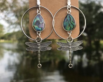 Silver Abalone Dragonfly Charm Nature Hoop Dangle Earrings