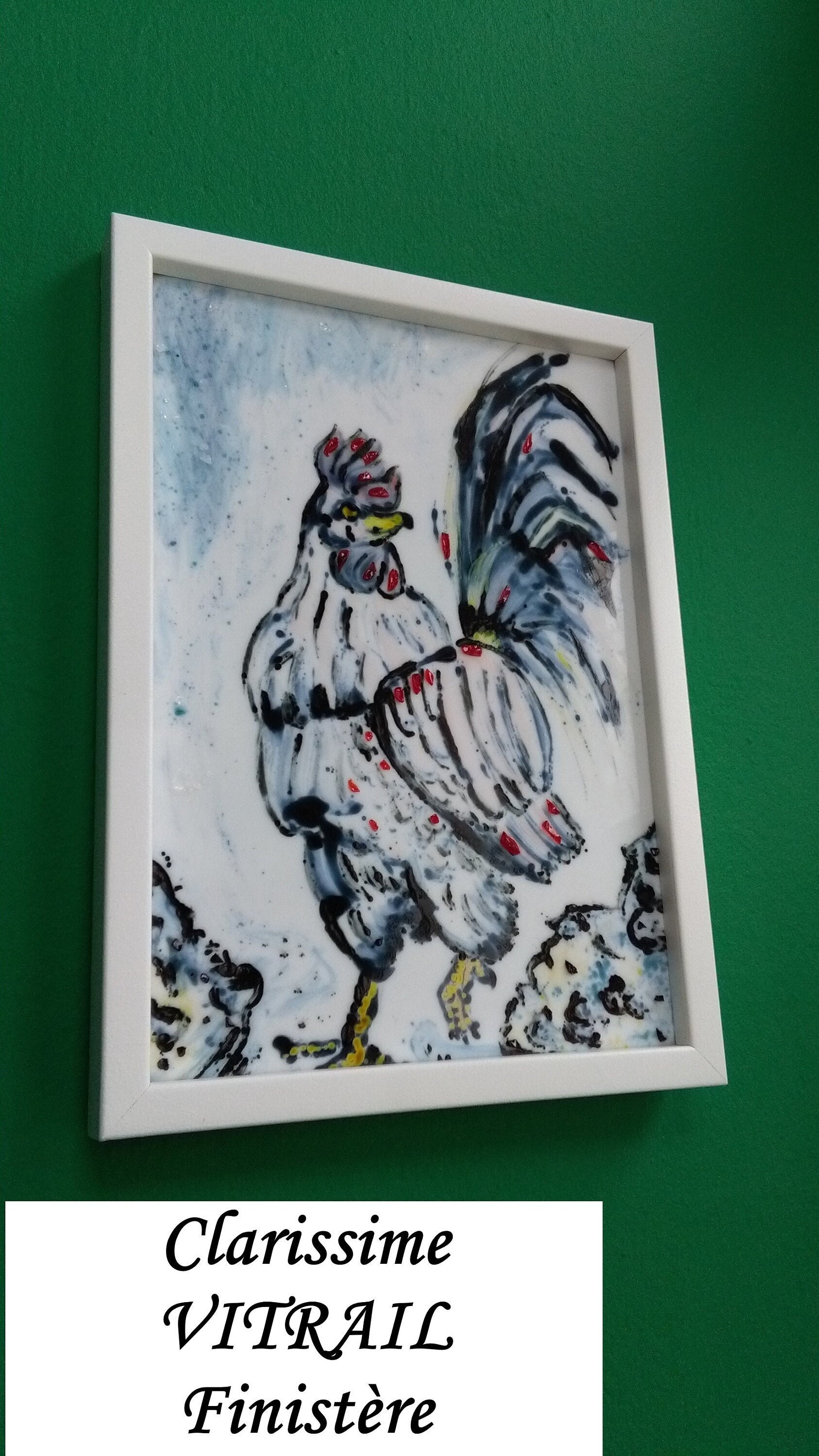Tableau Figuratif Coq, Email et Frittes de Verre sur Verre