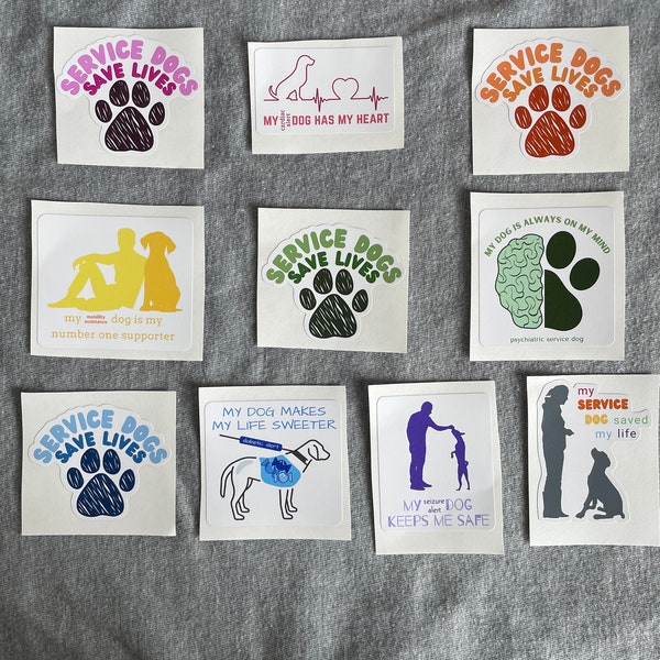 Service Dog Stickers, service dog in training, handler, save lives, cardiac, mobility, psychiatric, diabetic, seizure, awareness