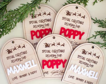 Personalized Christmas Gift Tag | Special Delivery from Santa | Custom Holiday Gift Tag for Kids | Keepsake Wood Tag with Name