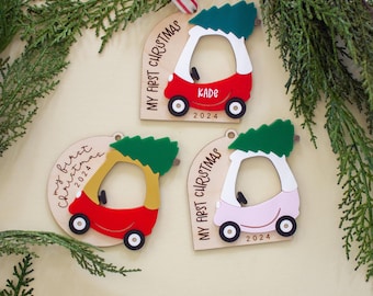 Personalized Baby's First Christmas Ornament: Wooden Coupe Car Keepsake | Grandparent Gift | Gift for New Parents