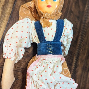 Vintage Polish Handmade Doll -Clothes made from Scrap Fabric Material-Hard painted Face
